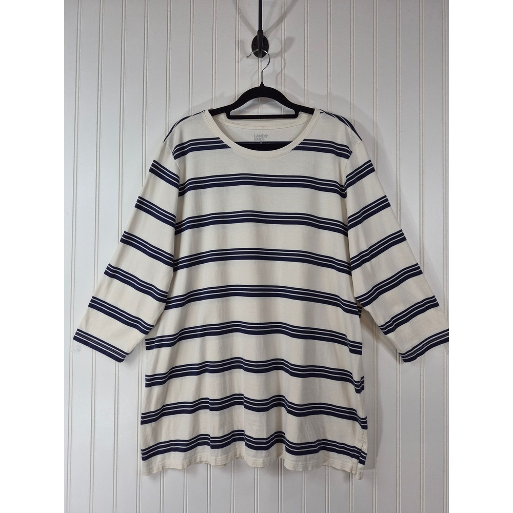 Lands' End Women 1X Navy Blue Cream Striped 3/4 Sleeve 100% Cotton T-Shirt Top